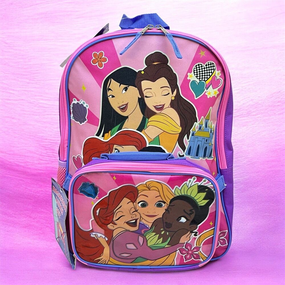Disney Princess Girls School Backpack & Lunch Box SET Pink Kids 16” Book Bag NWT